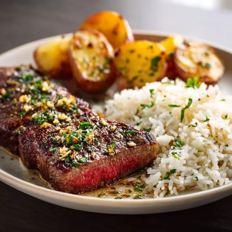 Delicious Garlic Butter Steak served with rice and roasted potatoes