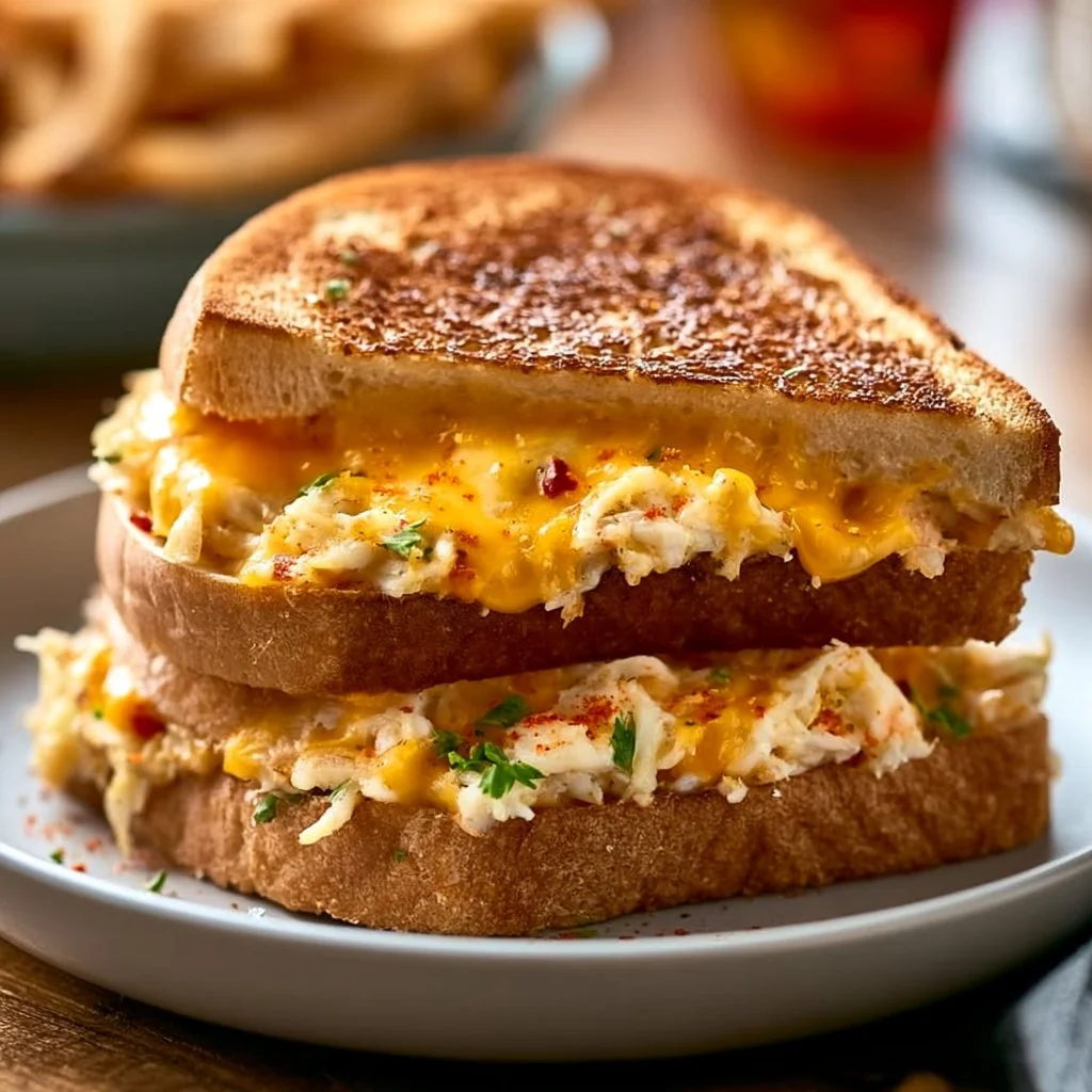 Golden Crab Melt Sandwich garnished with Old Bay seasoning