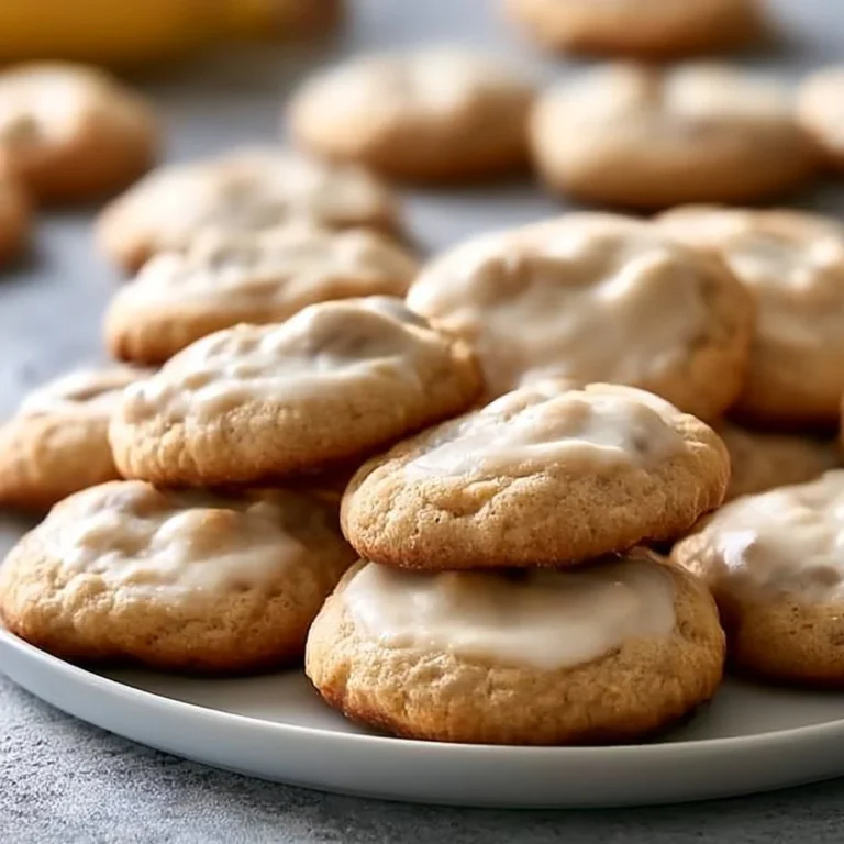 Plate of homemade Grandma's banana cookies with ripe bananas in the background.