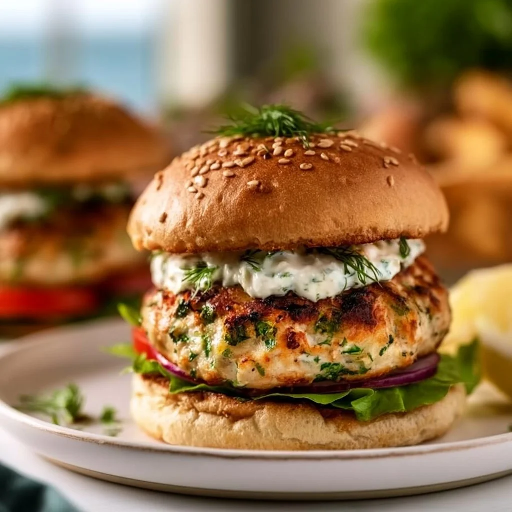 Greek chicken burgers served with fresh toppings on a bun