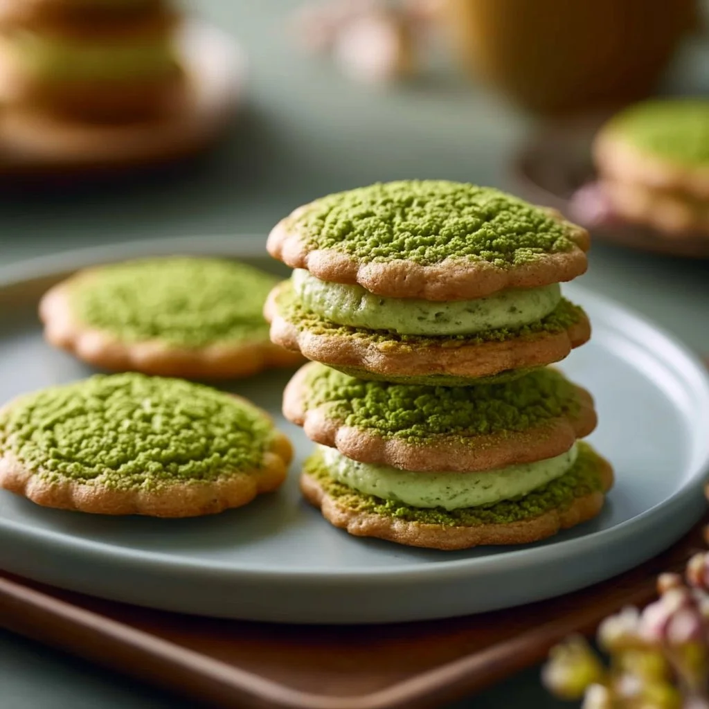 Delicious Green Tea Mousse Cookies on a rustic plate