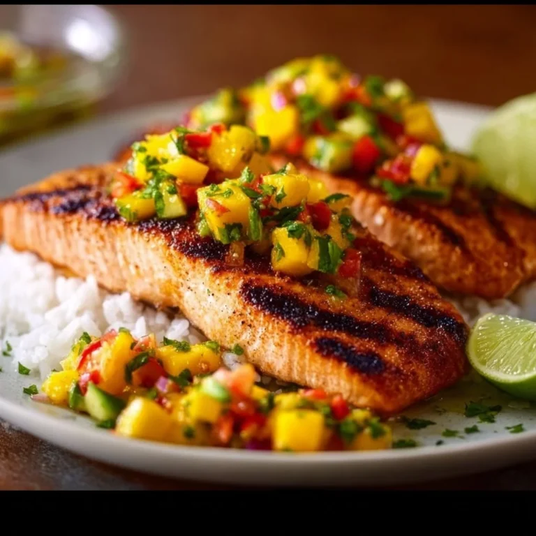 Grilled salmon with avocado mango salsa and coconut rice on a plate