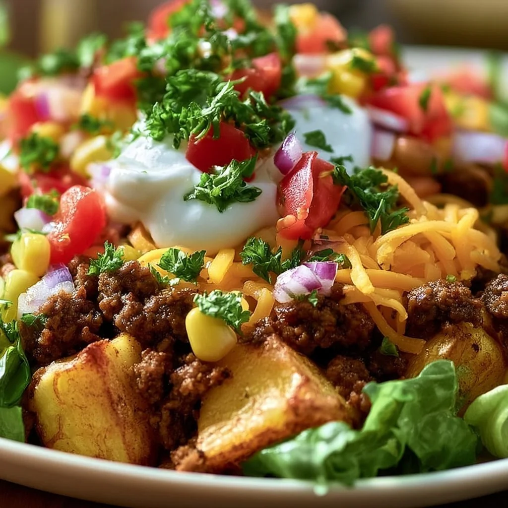 Ground Beef and Potato Taco Bowl served in a colorful dish
