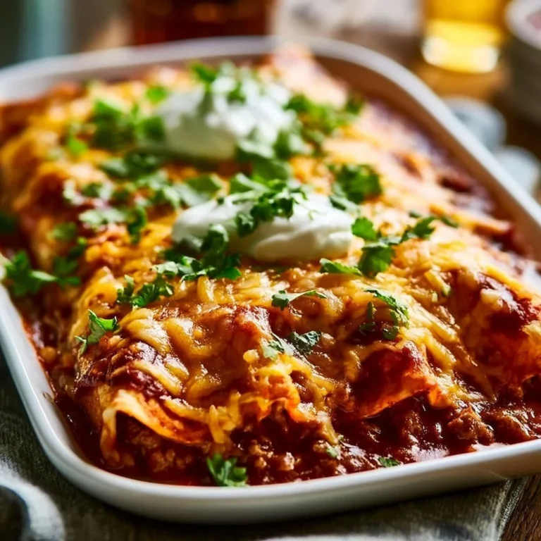 Plate of homemade ground beef enchiladas with cheese and sauce