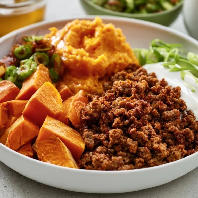 Ground Beef Sweet Potato Bowl topped with hot honey for a delicious meal