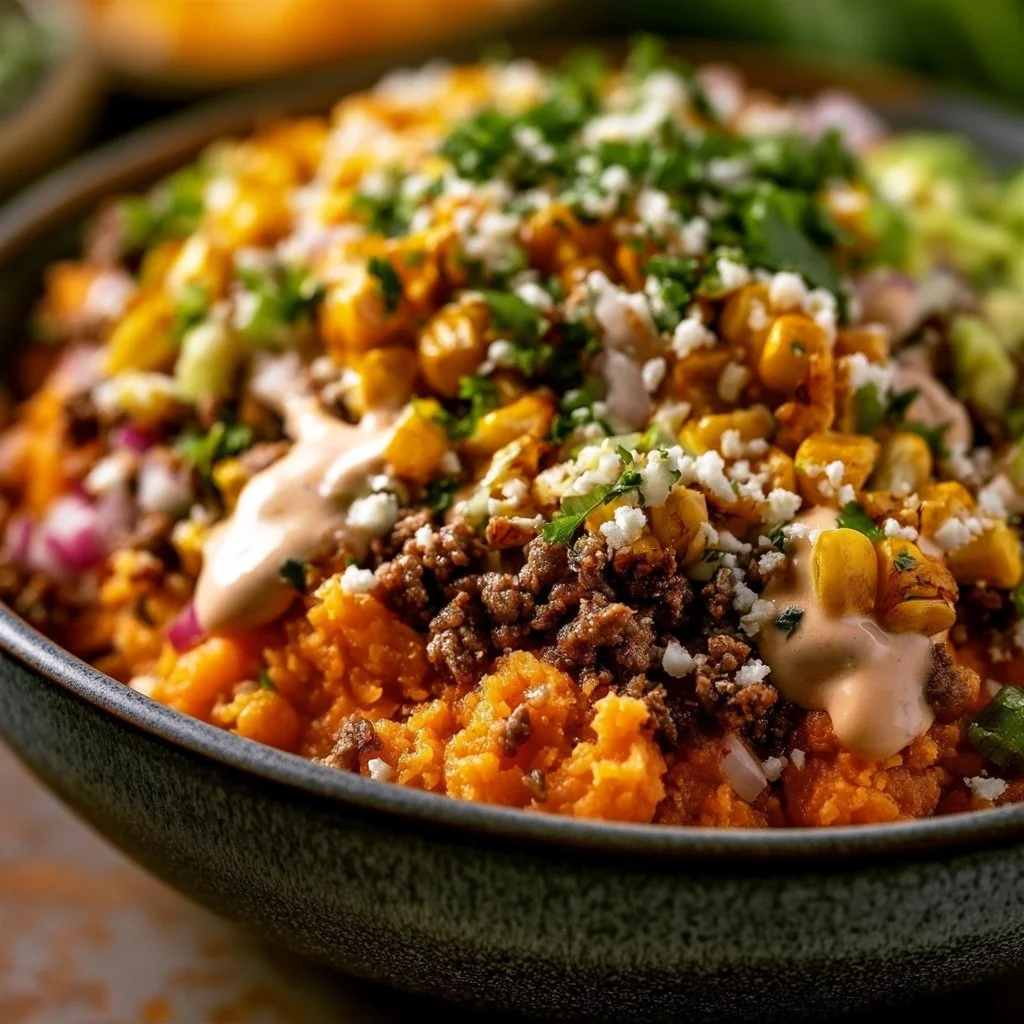 Ground Beef Sweet Potato Bowl with Mexican Street Corn
