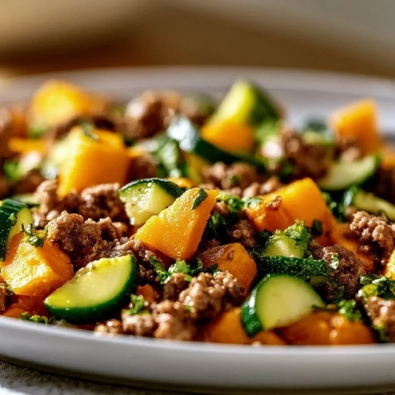 Ground Beef Skillet with zucchini and sweet potato cooked in a pan