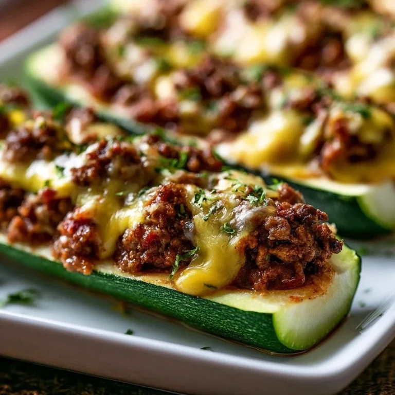 Ground beef stuffed zucchini boats garnished with cheese and herbs