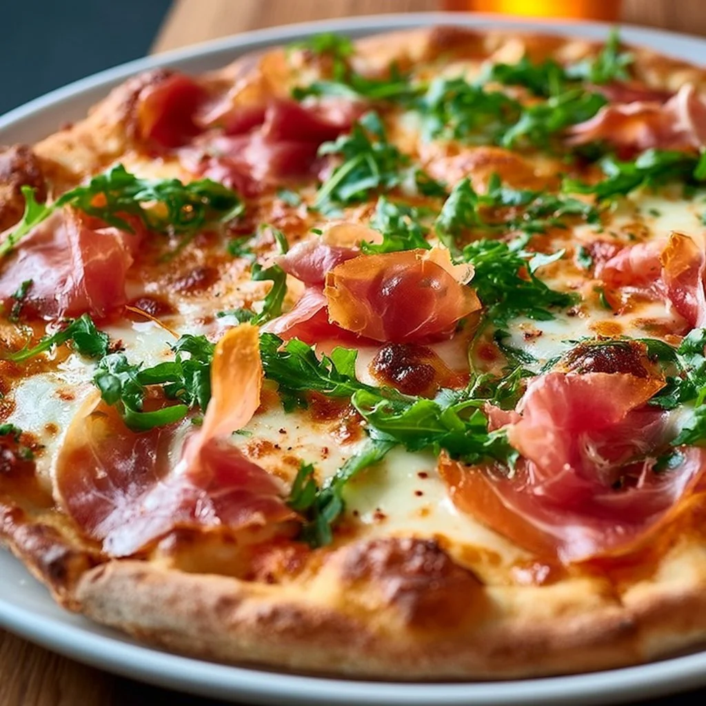 Delicious ham pizza topped with fresh ingredients and melted cheese