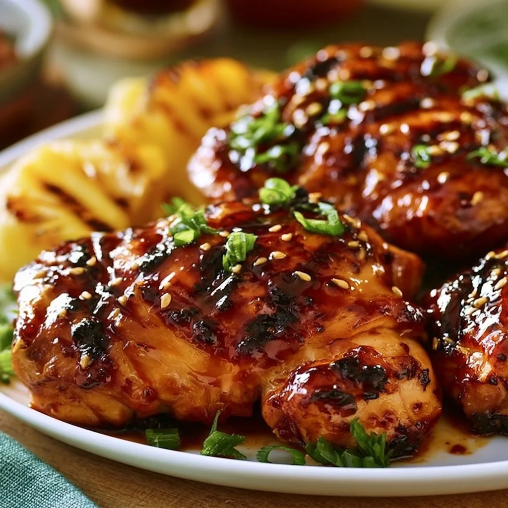 Delicious Hawaiian Turn Turn Chicken garnished with tropical fruits