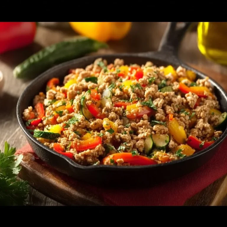 Healthy ground turkey skillet with colorful veggies for a nutritious meal