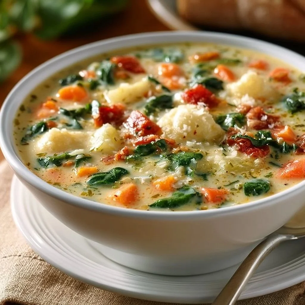 Bowl of hearty creamy Tuscan vegetable soup with fresh vegetables and herbs