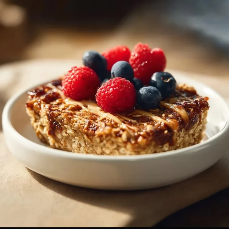 High protein baked oatmeal topped with fresh fruits and nuts