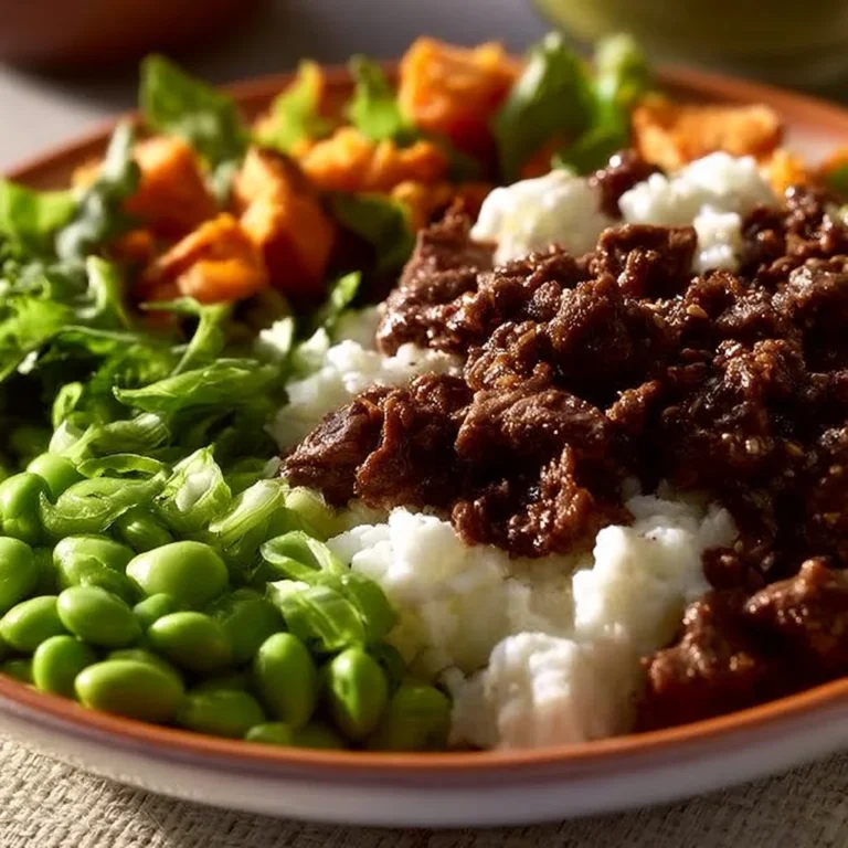 High-protein beef bowls topped with fresh vegetables and savory sauce