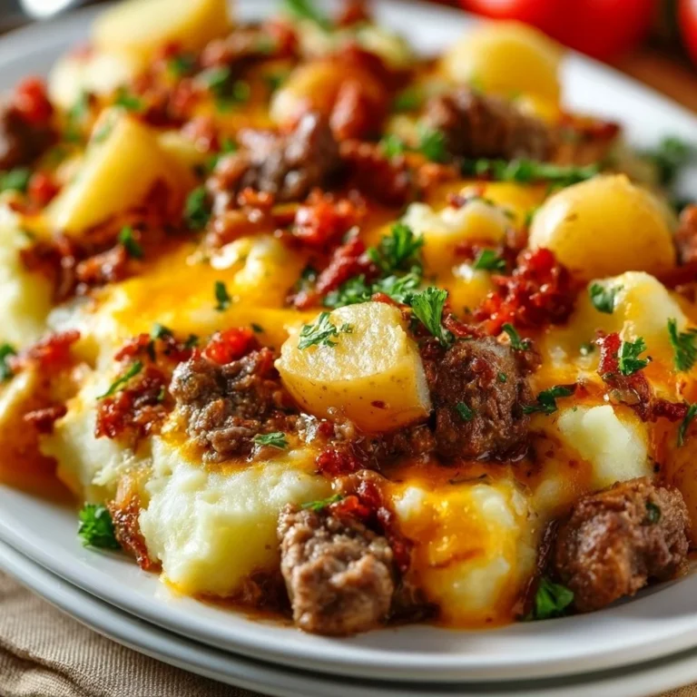 Delicious Hobo Casserole in a baking dish, showcasing layers of meat and vegetables.