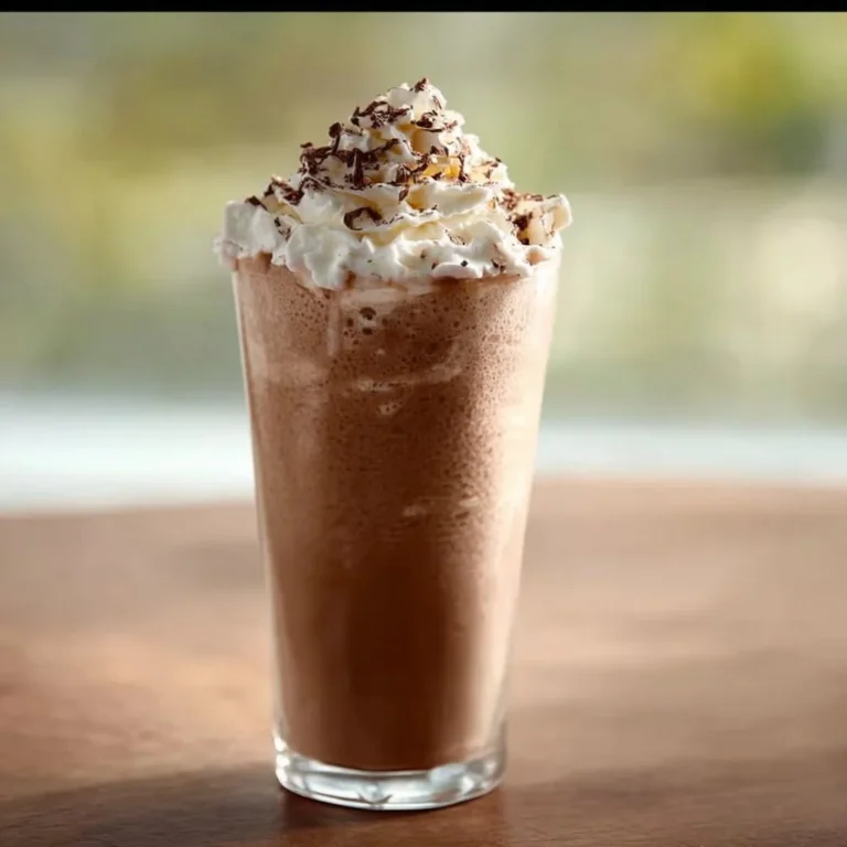 Delicious homemade mocha frappe topped with whipped cream and chocolate drizzle.