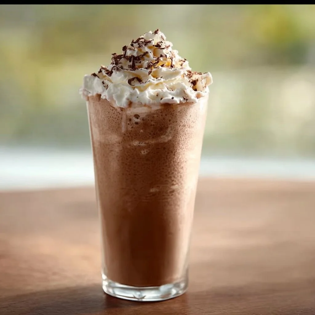 Delicious homemade mocha frappe topped with whipped cream and chocolate drizzle.