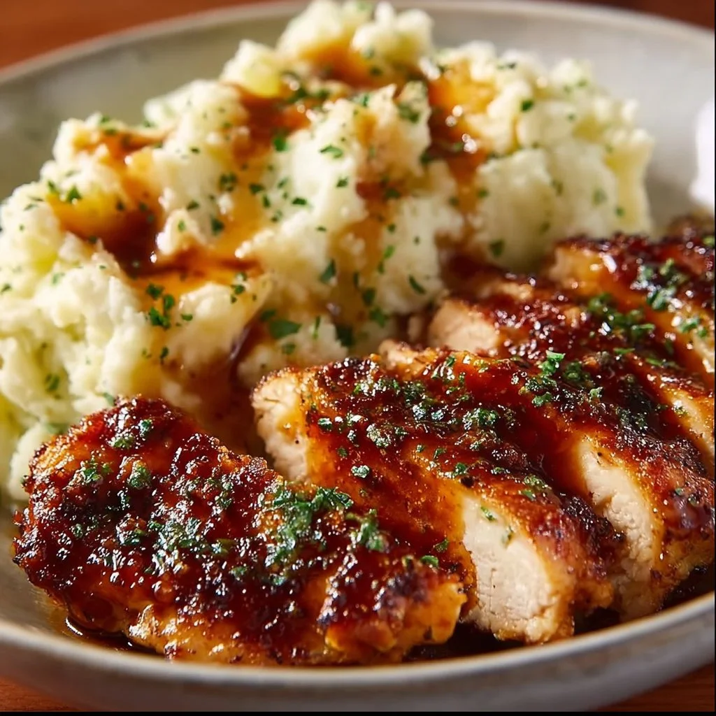 Honey BBQ Chicken with Creamy Garlic Parmesan Potatoes