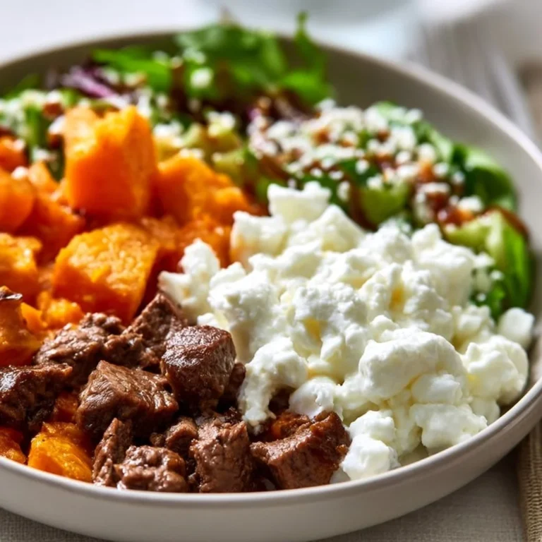 Hot Honey Cottage Cheese Sweet Potato Beef Bowl topped with fresh ingredients