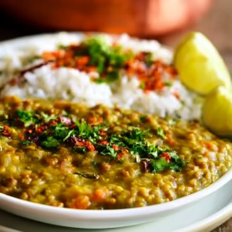 Bowl of Indian Green Lentil Stew garnished with herbs and spices