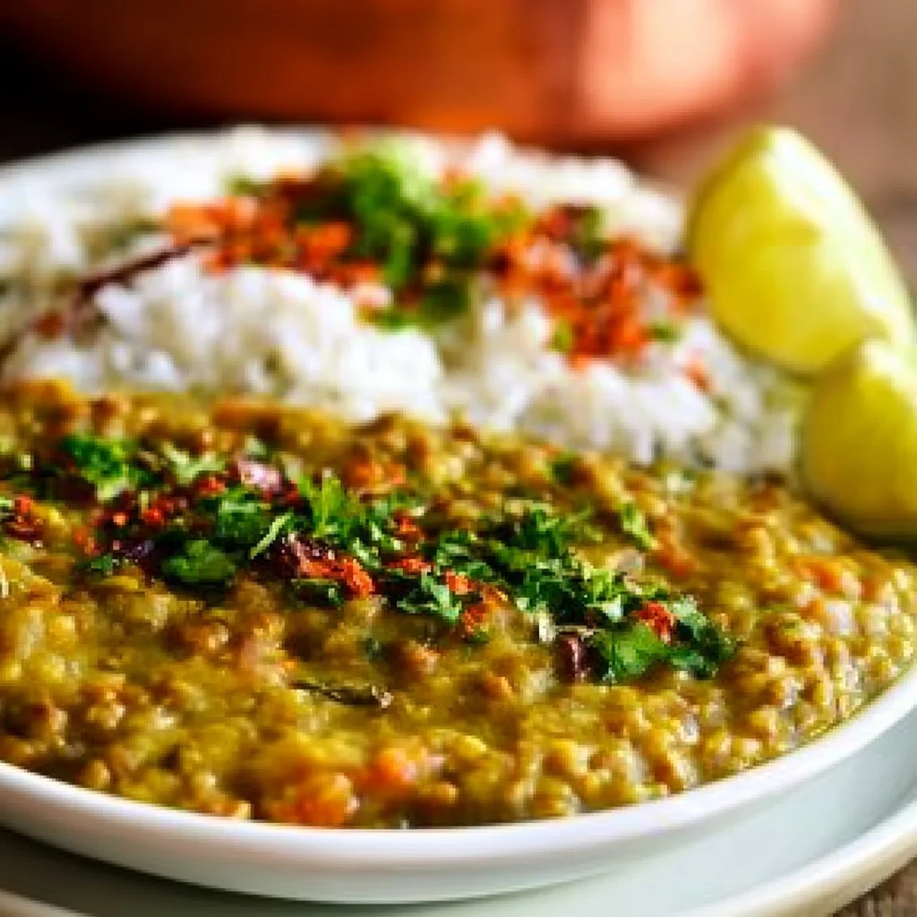 Bowl of Indian Green Lentil Stew garnished with herbs and spices