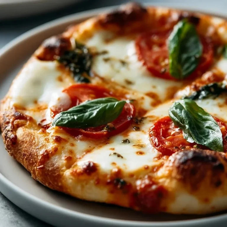 Homemade margarita pizza topped with fresh basil and mozzarella cheese