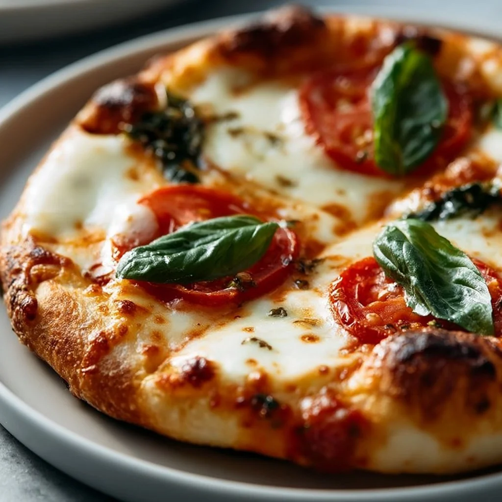 Homemade margarita pizza topped with fresh basil and mozzarella cheese