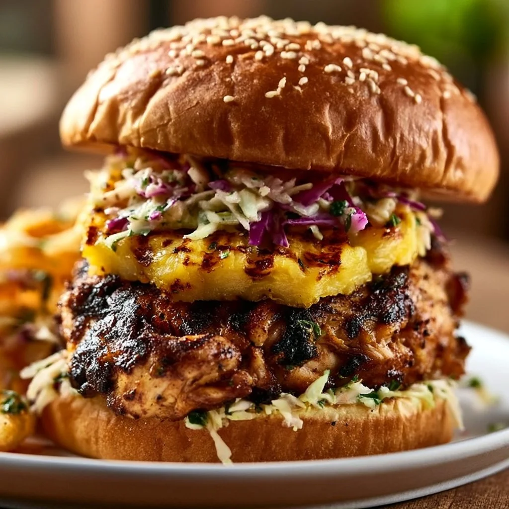 Jerk chicken sandwich with grilled pineapple and coleslaw on a plate