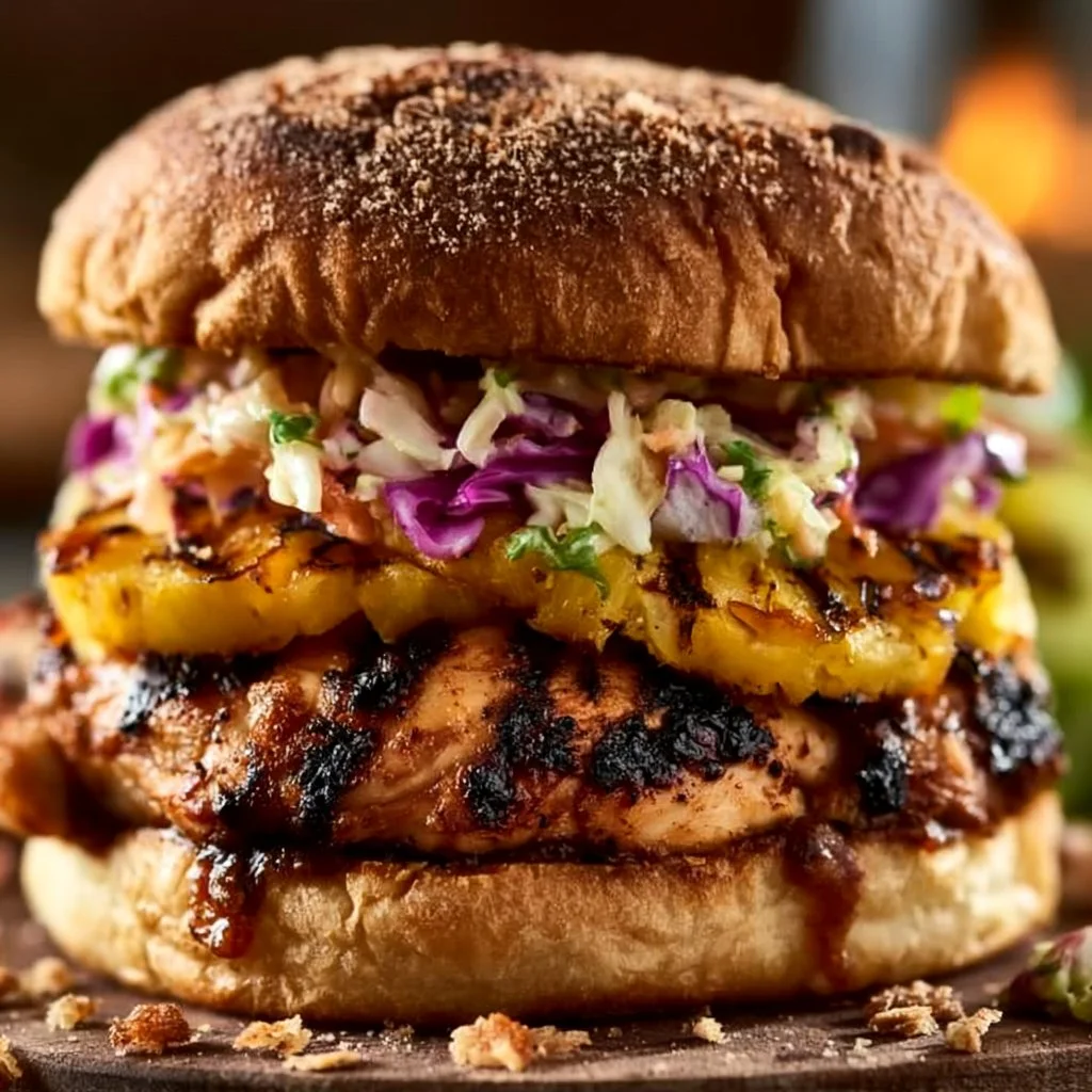 Jerk Chicken Sandwich with Grilled Pineapple and Coleslaw
