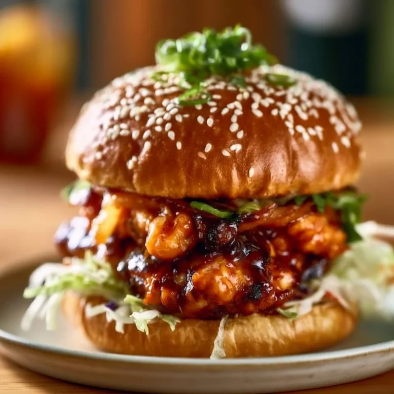 Korean BBQ Chicken sandwich garnished with fresh vegetables and sesame seeds