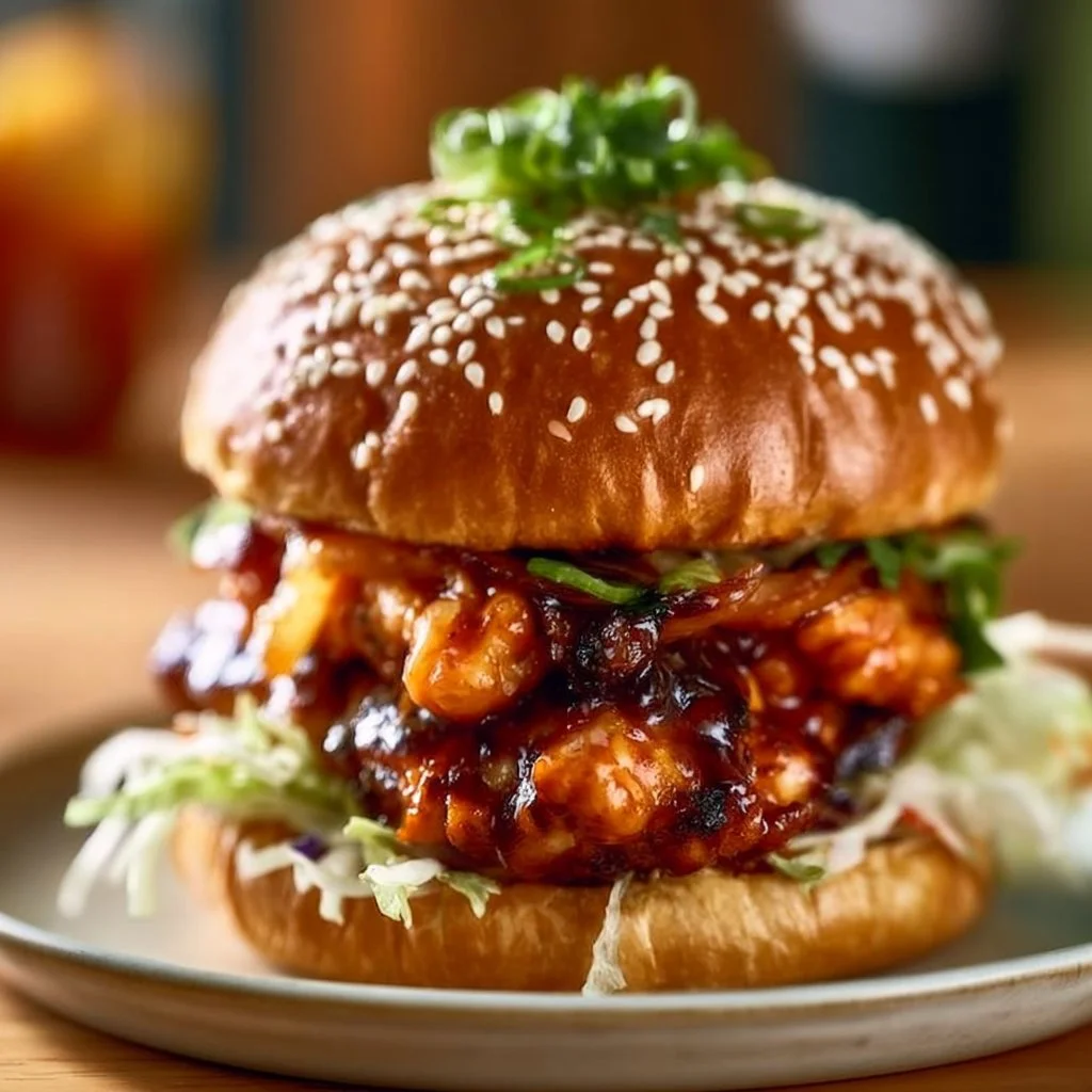 Korean BBQ Chicken sandwich garnished with fresh vegetables and sesame seeds