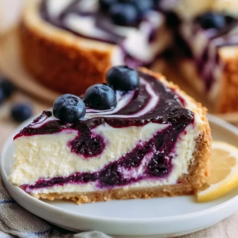 Slice of lemon blueberry cheesecake topped with fresh blueberries
