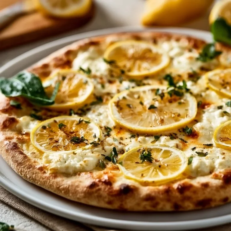 Lemon pizza topped with ricotta, mozzarella, and thyme, garnished for freshness.