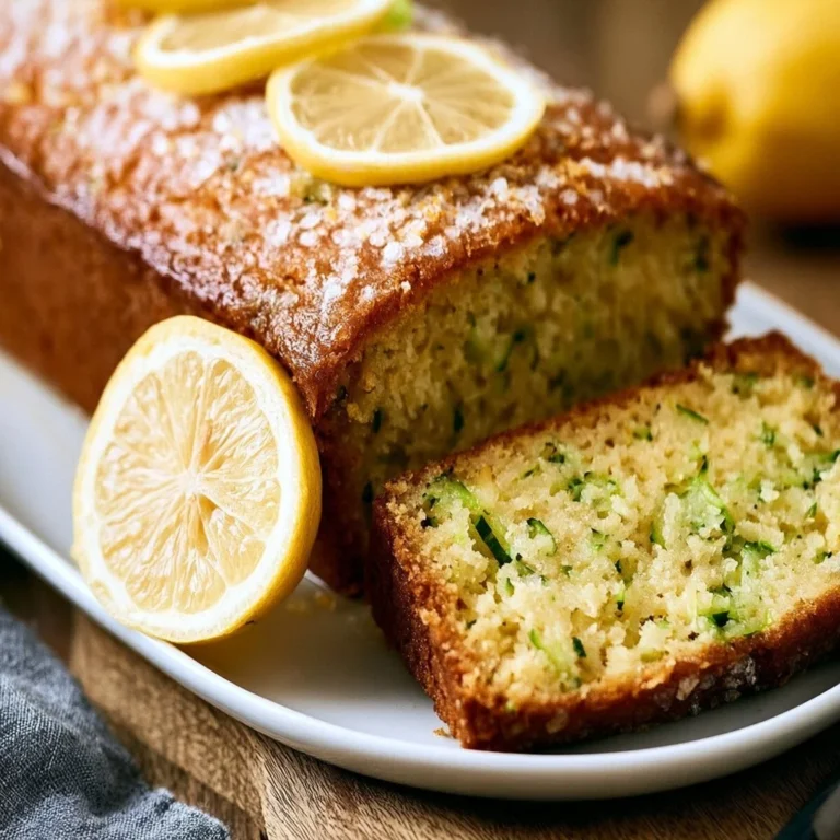 Sliced lemon zucchini bread on a wooden table with lemon slices and zucchini