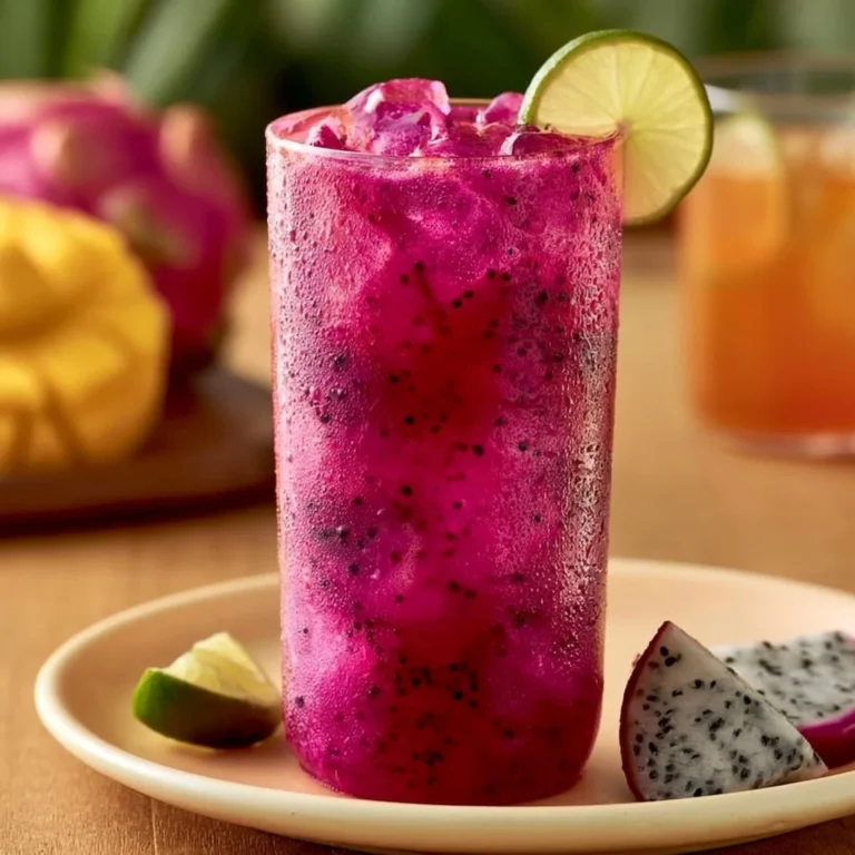 A refreshing Mango Dragon Fruit beverage with vibrant colors and tropical garnishes