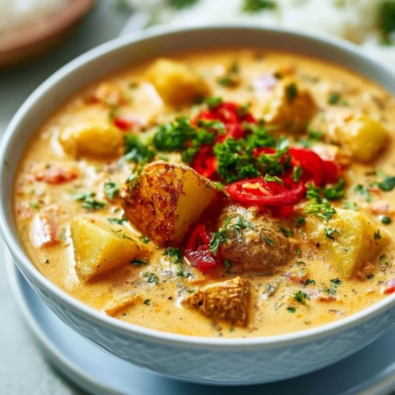 Plate of Massaman Curry with Roasted Potatoes garnished with herbs