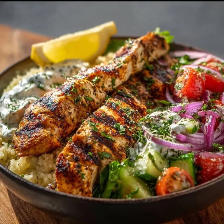 Mediterranean bowl with Grilled Chicken Tawook and fresh vegetables