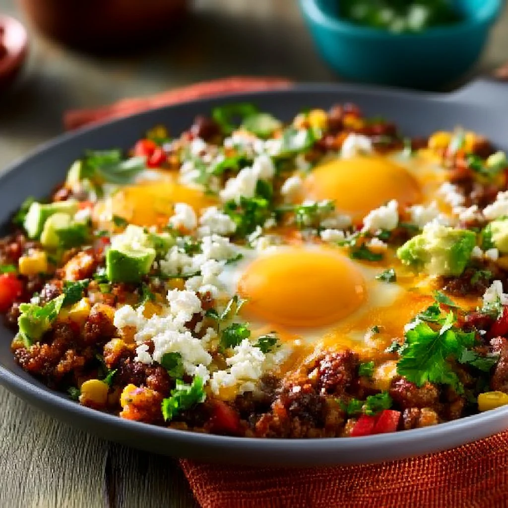 Colorful Mexican breakfast skillet with eggs, peppers, and spices