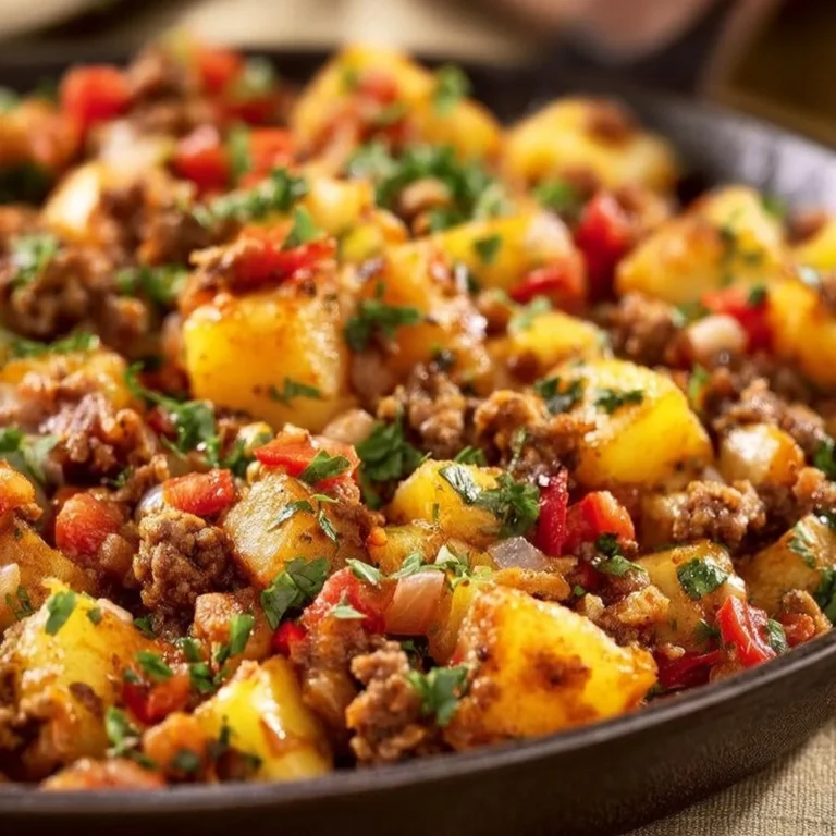 Mexican ground beef and potato skillet served in a skillet dish