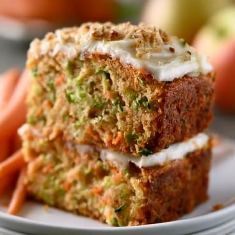 Moist carrot apple zucchini bread slices on a wooden table