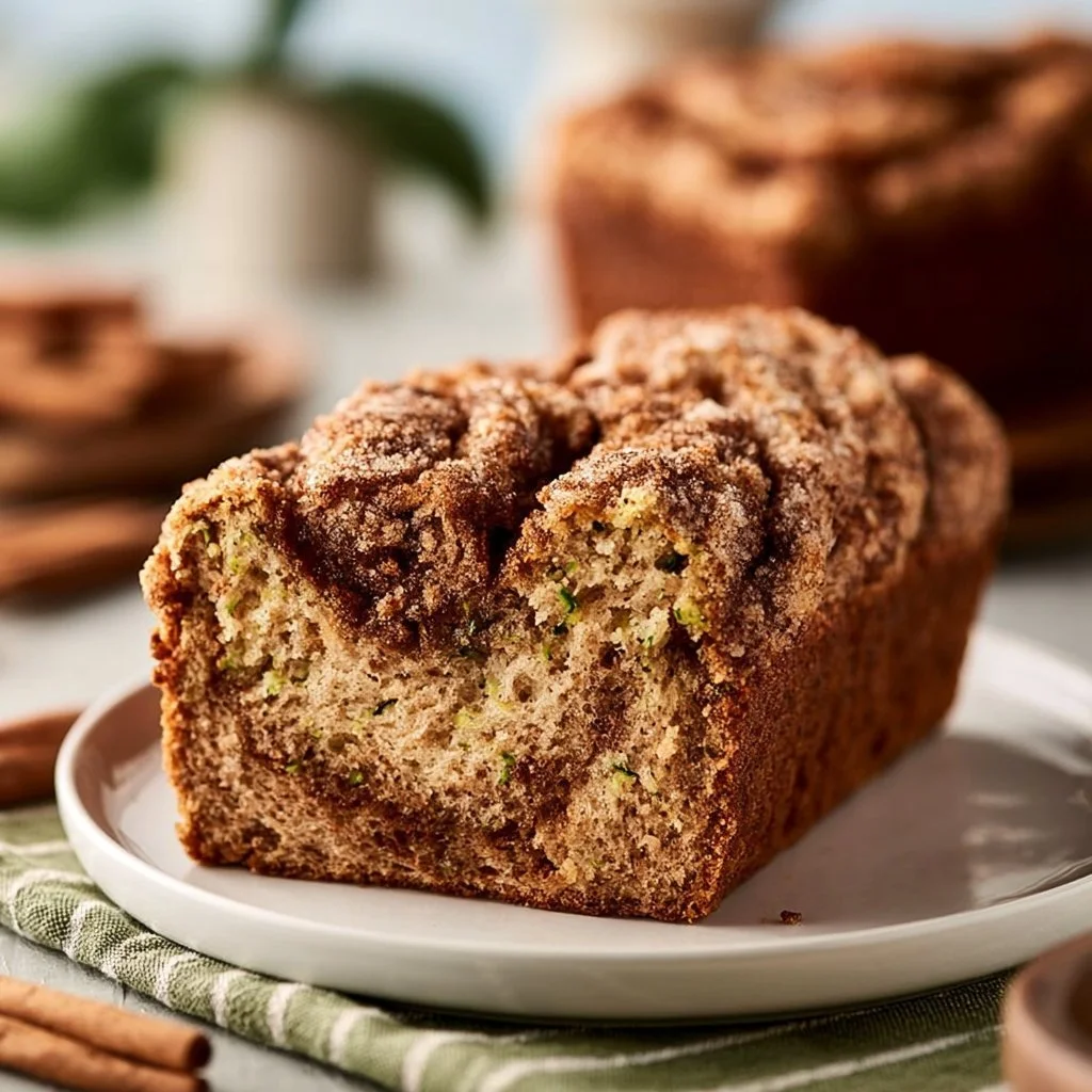 Loaf of moist cinnamon swirl zucchini bread with a swirl of cinnamon on top