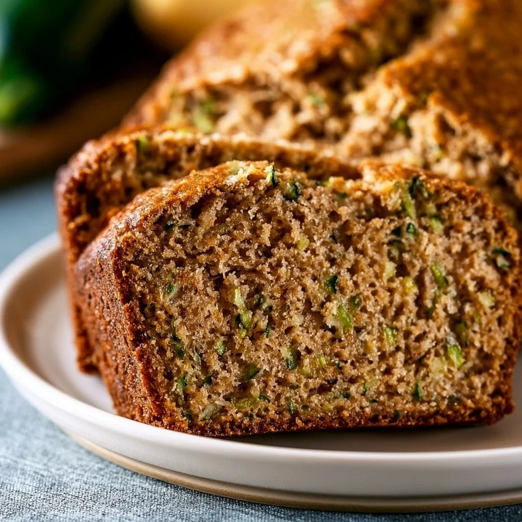 Slice of moist zucchini bread with a sprinkle of nuts on a plate