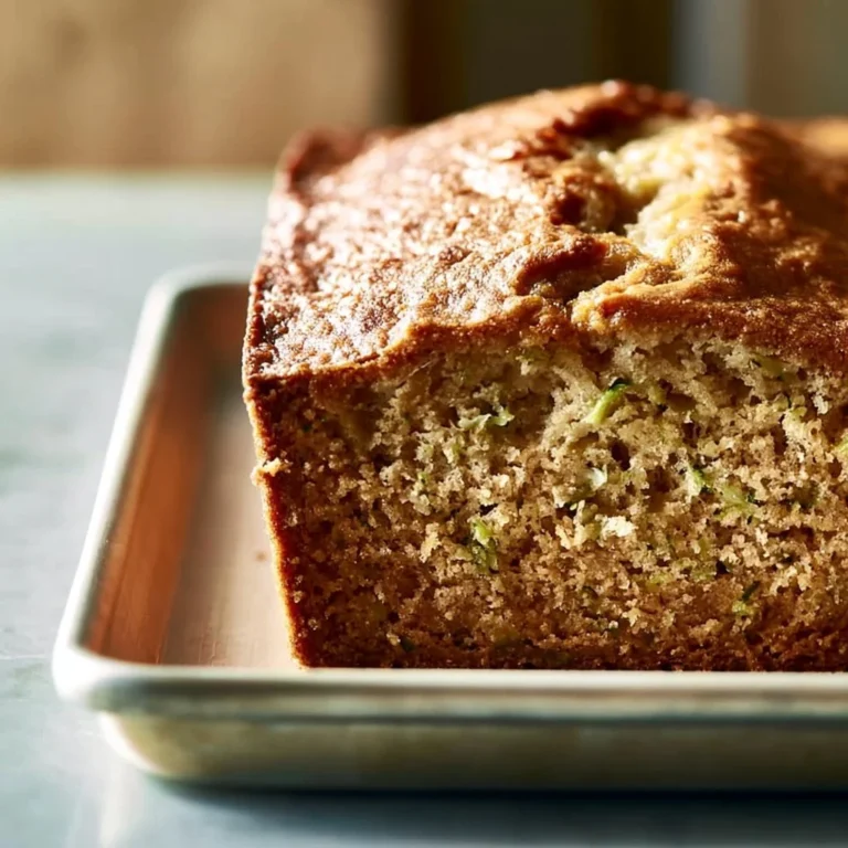 Deliciously moist zucchini bread with a golden crust and fresh zucchini slices.