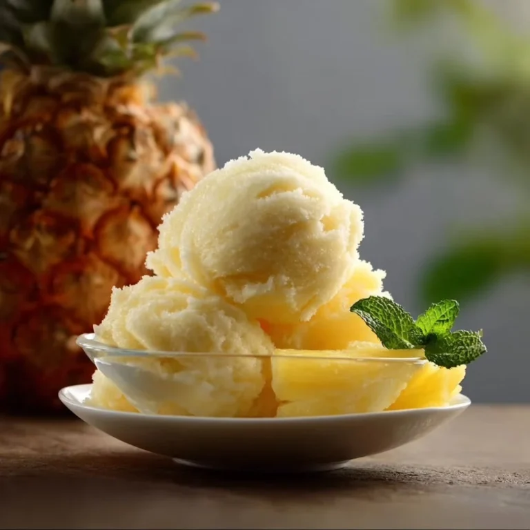 Delicious Ninja Creami Pineapple Sorbet served in a bowl with mint leaves.