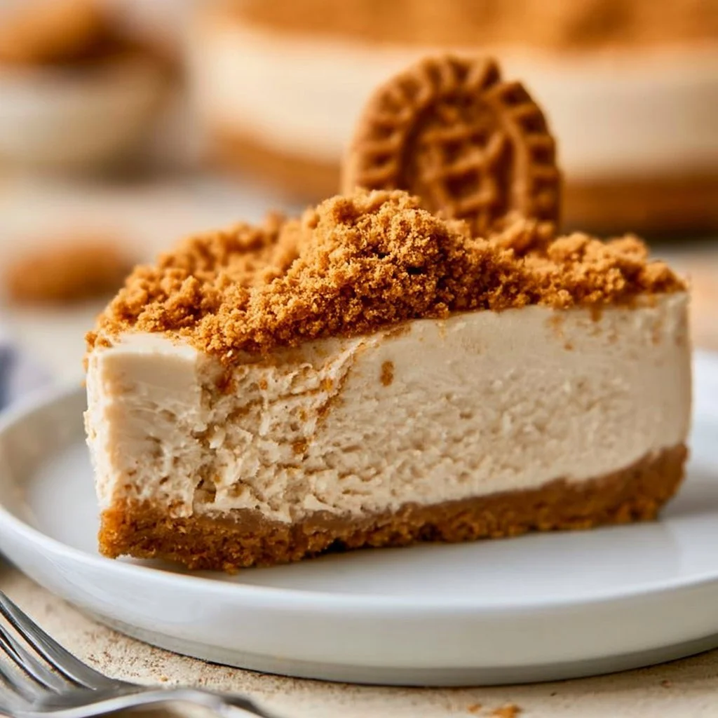Delicious no-bake Biscoff cheesecake topped with biscuit crumbs