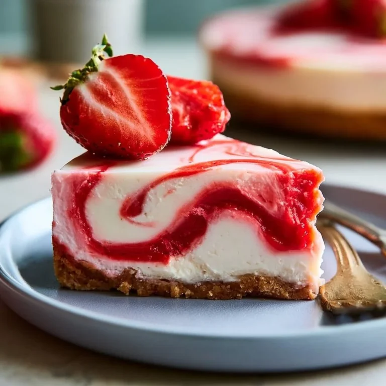 No-Bake Strawberry Swirl Cheesecake on a serving plate