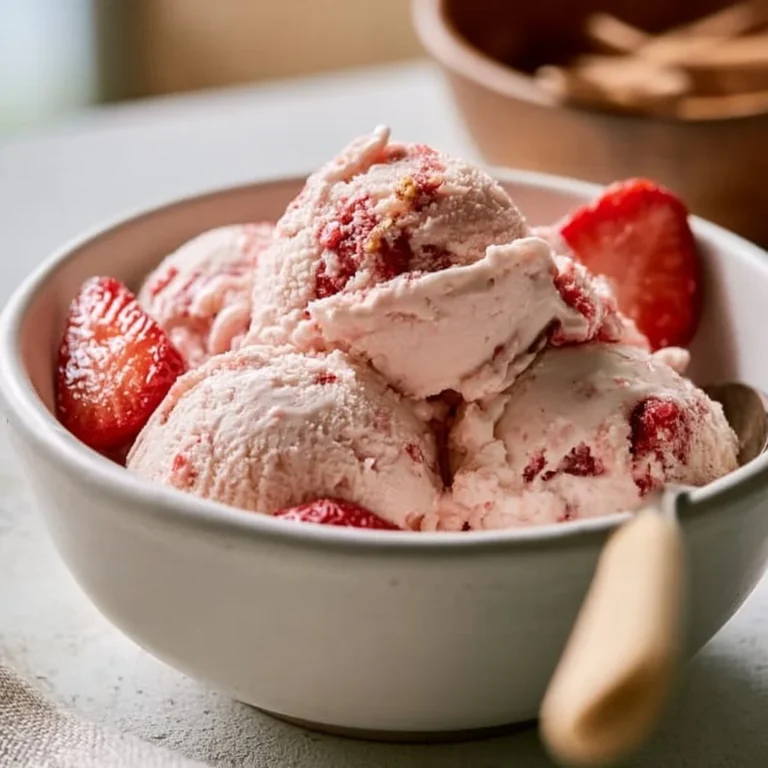 Delicious no churn strawberry cheesecake ice cream served in a bowl