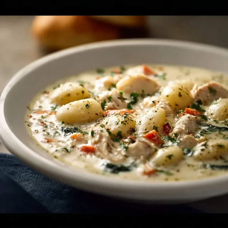 Bowl of Olive Garden Chicken Gnocchi Soup with vegetables and herbs
