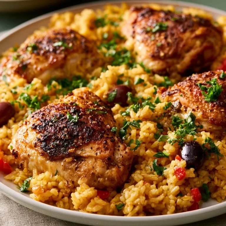 One-Pan Mediterranean Chicken and Rice dish garnished with fresh herbs