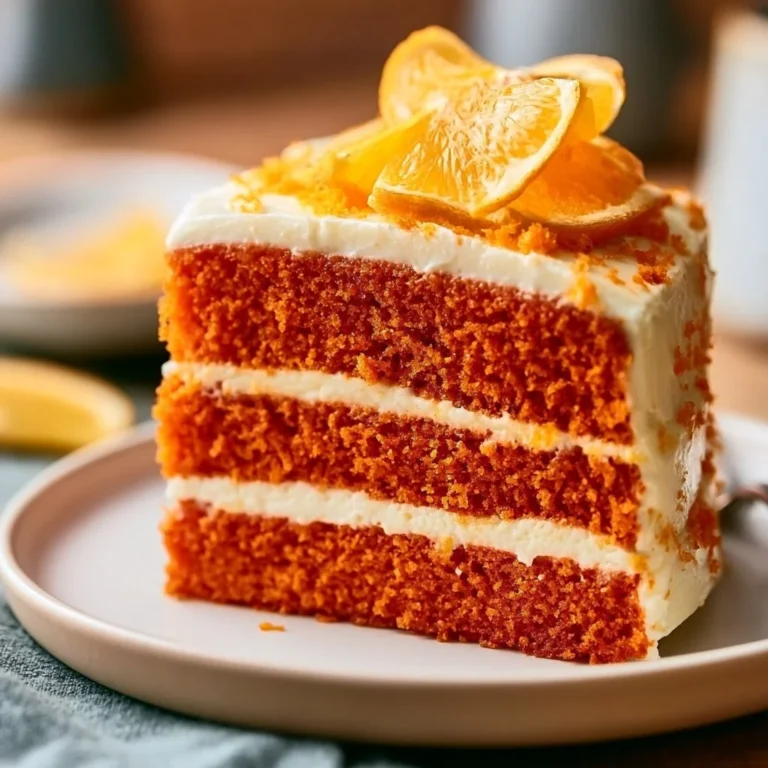 Slice of orange velvet cake with orange cream cheese frosting on a plate